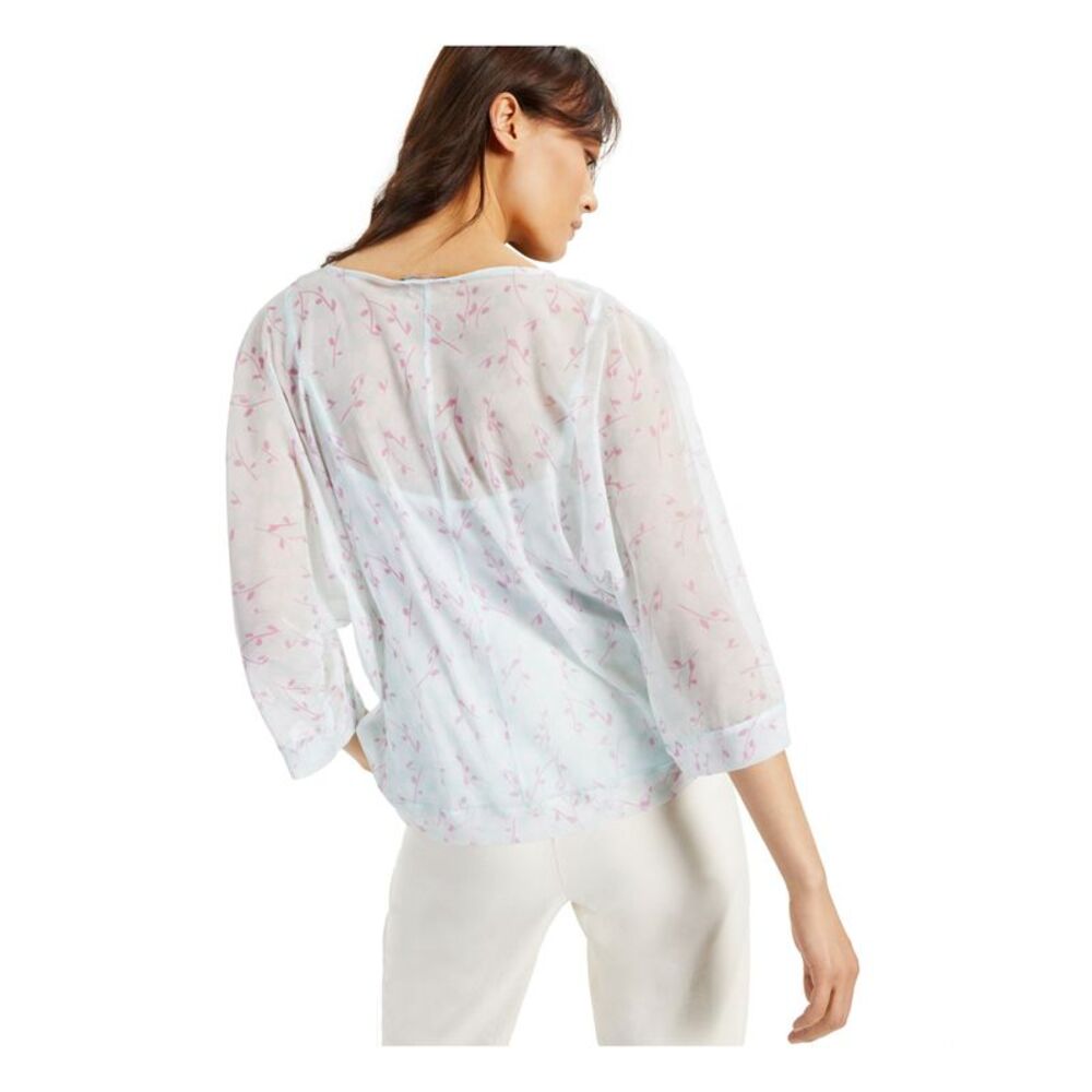 ALFANI Womens Aqua Sheer Floral 3/4 Sleeve Boat Neck Top XL_2
